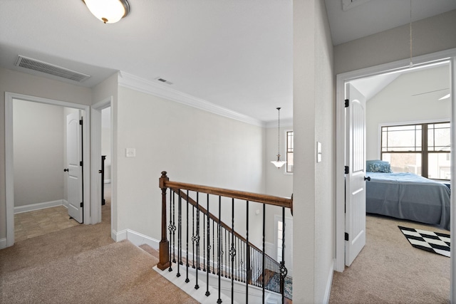 hall with carpet flooring, an upstairs landing, visible vents, a wealth of natural light, and attic access