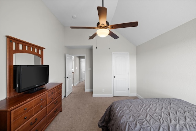 carpeted bedroom with ceiling fan, high vaulted ceiling, and baseboards