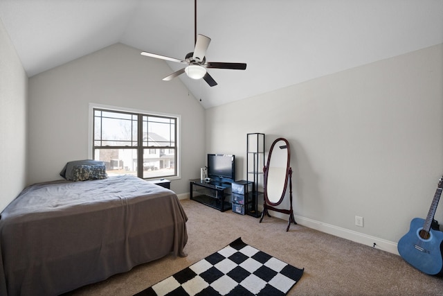 bedroom featuring high vaulted ceiling, light colored carpet, ceiling fan, and baseboards