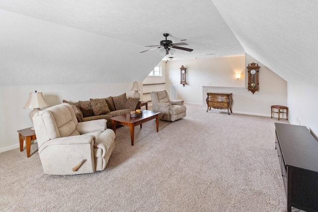 living room featuring carpet flooring, vaulted ceiling, baseboards, and ceiling fan