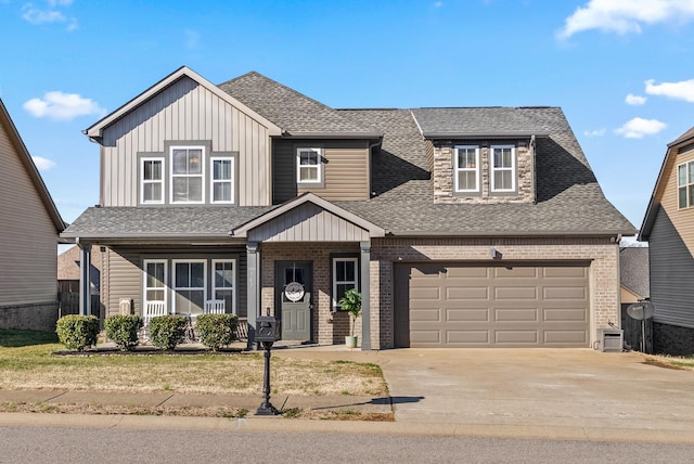 view of front of home with a garage, brick siding, a porch, and roof with shingles