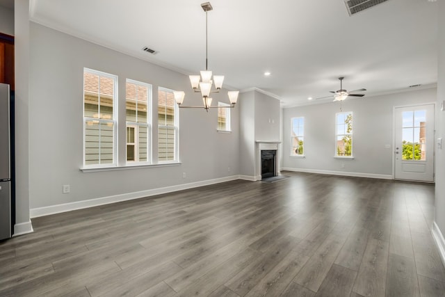 2053 Kirkwall Dr, Nolensville, TN 37135 - unfurnished living room featuring dark wood-type flooring, visible vents, a fireplace, and baseboards
