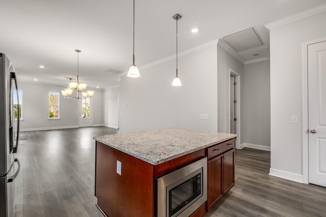 2053 Kirkwall Dr, Nolensville, TN 37135 - kitchen with baseboards, ornamental molding, dark wood-type flooring, decorative light fixtures, and stainless steel appliances