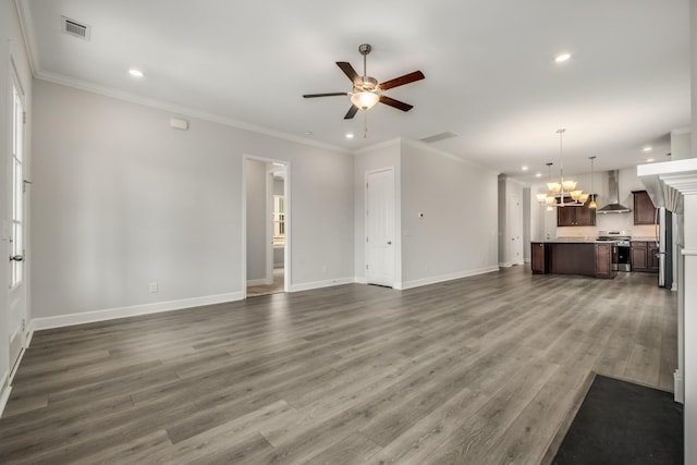 2053 Kirkwall Dr, Nolensville, TN 37135 - unfurnished living room with baseboards, visible vents, dark wood-type flooring, and ornamental molding