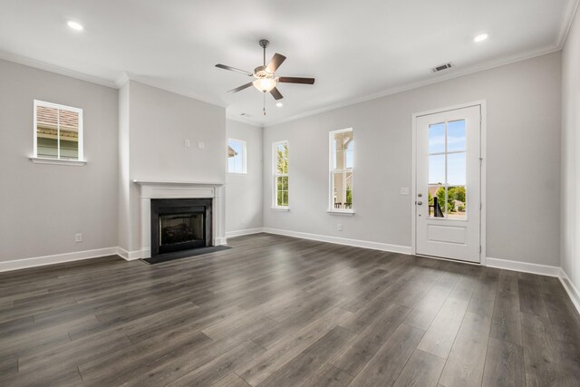 2053 Kirkwall Dr, Nolensville, TN 37135 - unfurnished living room featuring dark wood-style flooring, a fireplace with flush hearth, a wealth of natural light, and baseboards