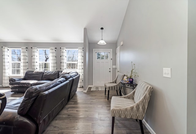 living area featuring plenty of natural light, baseboards, and wood finished floors