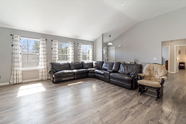 living room with vaulted ceiling, wood finished floors, and baseboards