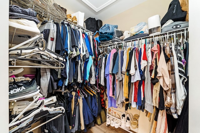 walk in closet with wood finished floors