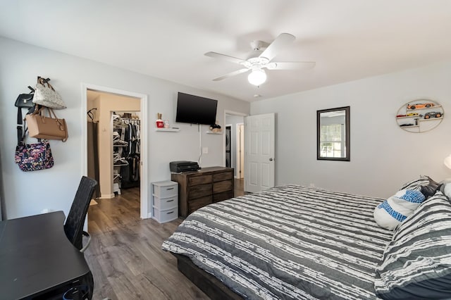 bedroom featuring a closet, a ceiling fan, wood finished floors, and a spacious closet