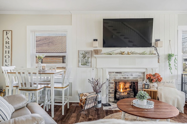 living room featuring a healthy amount of sunlight, a warm lit fireplace, ornamental molding, and wood finished floors