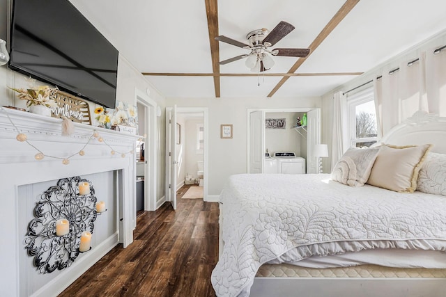 bedroom with dark wood-type flooring, coffered ceiling, and baseboards