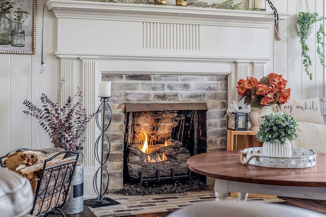 interior details with a warm lit fireplace