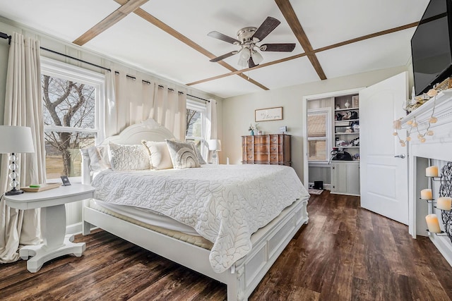 bedroom with a ceiling fan, dark wood-style flooring, and coffered ceiling