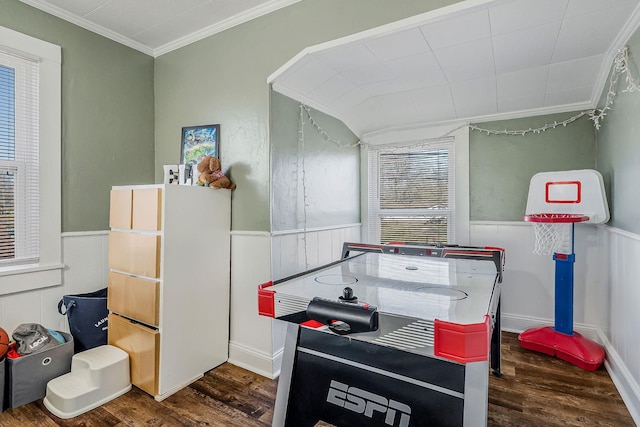 rec room featuring a wainscoted wall, ornamental molding, and wood finished floors