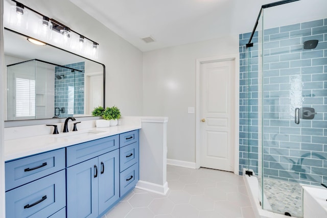 bathroom featuring a stall shower, tile patterned flooring, and visible vents