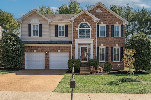 view of front facade featuring a garage, driveway, brick siding, and a front yard