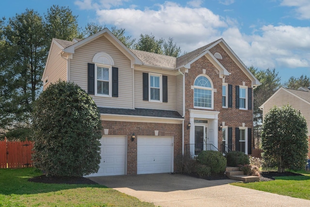 view of front of house featuring brick siding, a shingled roof, an attached garage, fence, and driveway