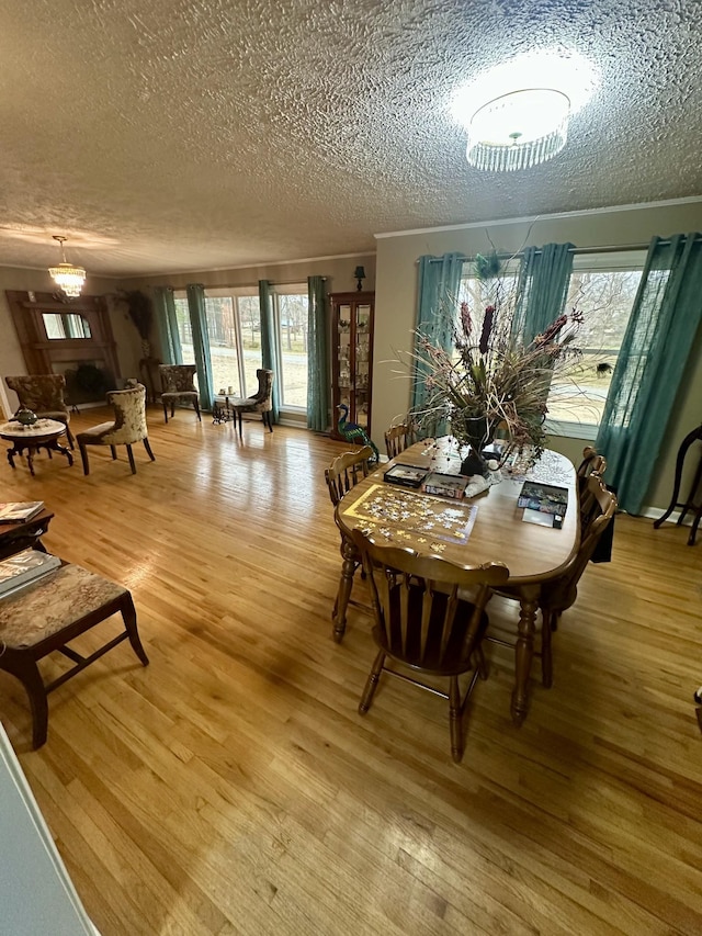 dining area with light wood finished floors and a textured ceiling