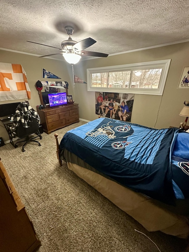 carpeted bedroom featuring a textured ceiling, ceiling fan, and baseboards