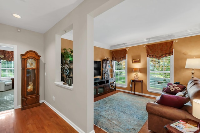 living room featuring ornamental molding, plenty of natural light, wood finished floors, and baseboards