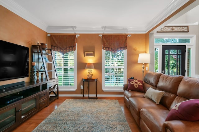 living room featuring crown molding, baseboards, and wood finished floors