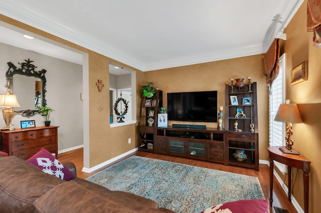 living area featuring baseboards, wood finished floors, and ornamental molding