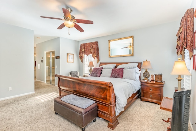 bedroom featuring ceiling fan, carpet floors, and baseboards