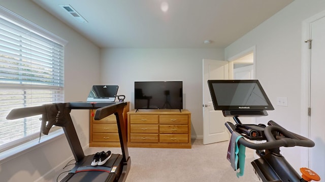 exercise area with light carpet, baseboards, and visible vents