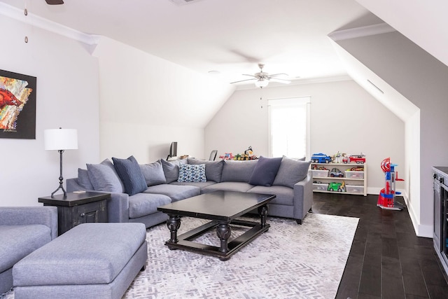 living area with lofted ceiling, baseboards, dark wood-style flooring, and a ceiling fan