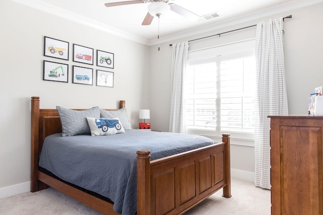 bedroom featuring crown molding, visible vents, light carpet, ceiling fan, and baseboards