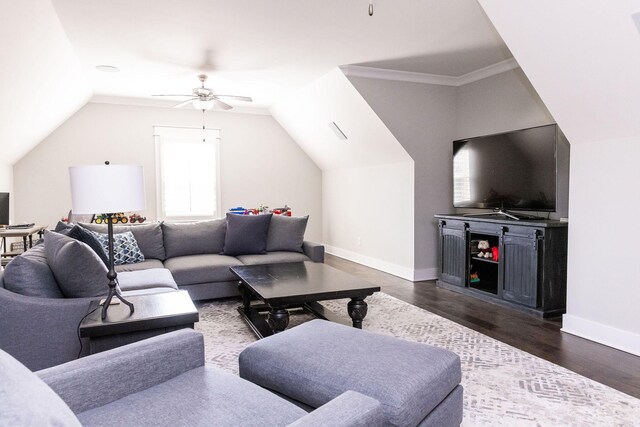 living area featuring a ceiling fan, baseboards, vaulted ceiling, and dark wood-style flooring