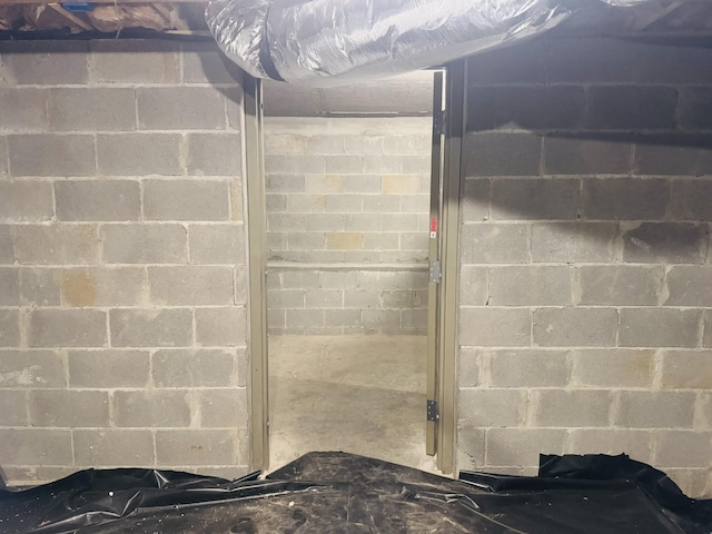 unfinished below grade area featuring concrete block wall