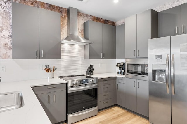 kitchen featuring gray cabinets, a sink, stainless steel appliances, wall chimney exhaust hood, and backsplash