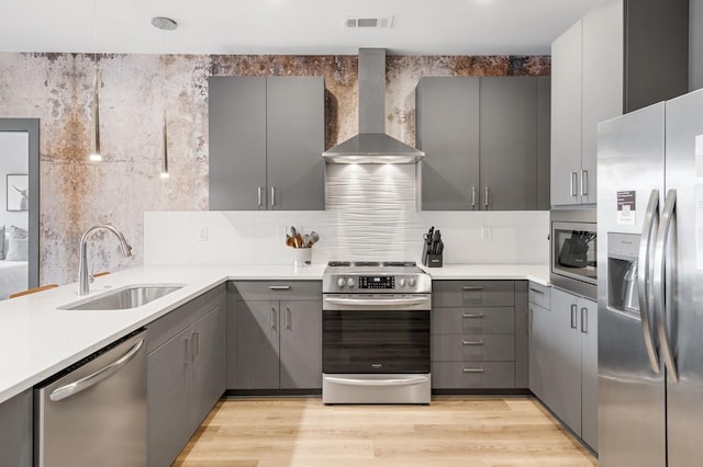 kitchen with visible vents, a sink, gray cabinetry, stainless steel appliances, and wall chimney exhaust hood