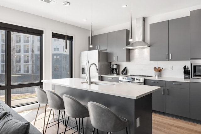 kitchen featuring stainless steel appliances, wall chimney range hood, a sink, and a healthy amount of sunlight