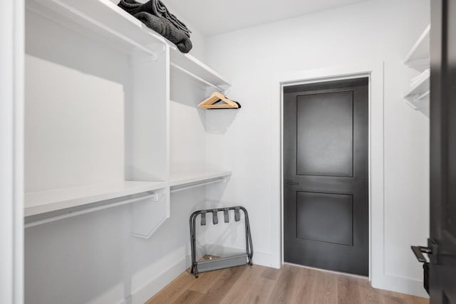 walk in closet with light wood-style flooring