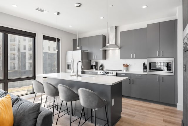 kitchen featuring wall chimney exhaust hood, appliances with stainless steel finishes, gray cabinets, and a sink