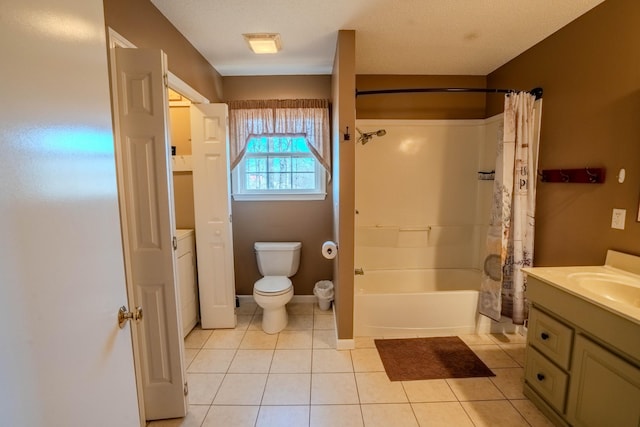 bathroom featuring shower / bathtub combination with curtain, vanity, toilet, and tile patterned floors