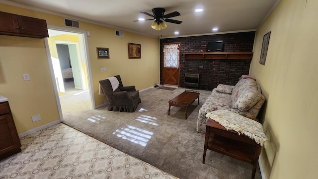 living room with baseboards, light colored carpet, visible vents, and crown molding