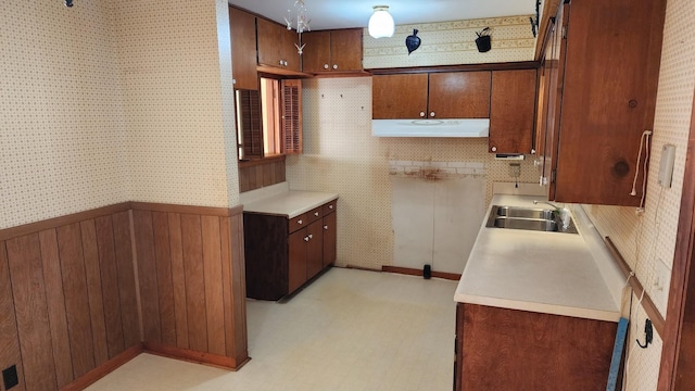 kitchen with wainscoting, a sink, under cabinet range hood, and light floors