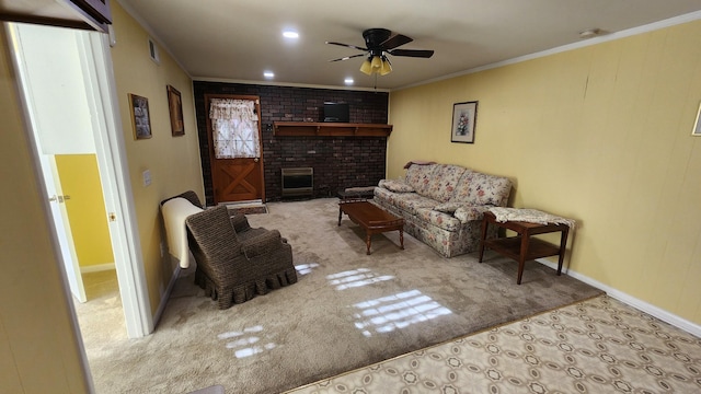 living area featuring visible vents, ceiling fan, crown molding, a fireplace, and recessed lighting