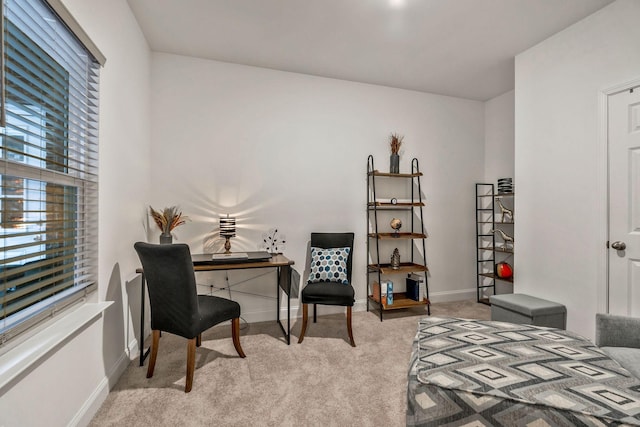 home office featuring carpet flooring and baseboards