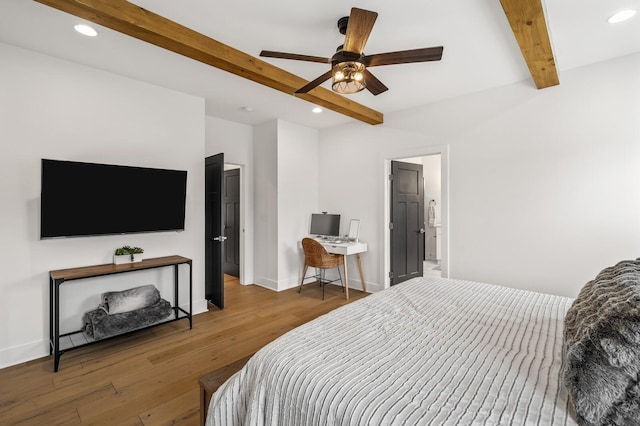 bedroom with recessed lighting, baseboards, beam ceiling, and wood finished floors