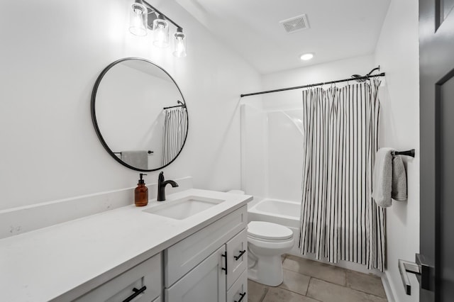 full bath featuring tile patterned flooring, toilet, vanity, visible vents, and shower / bathtub combination with curtain