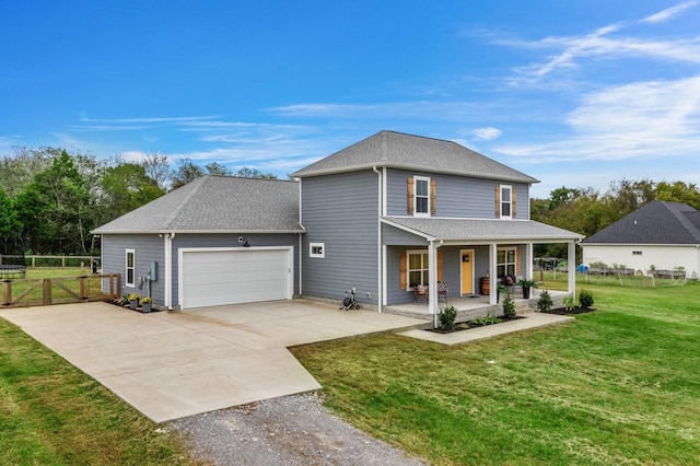 view of front of home with driveway, an attached garage, fence, a porch, and a front yard