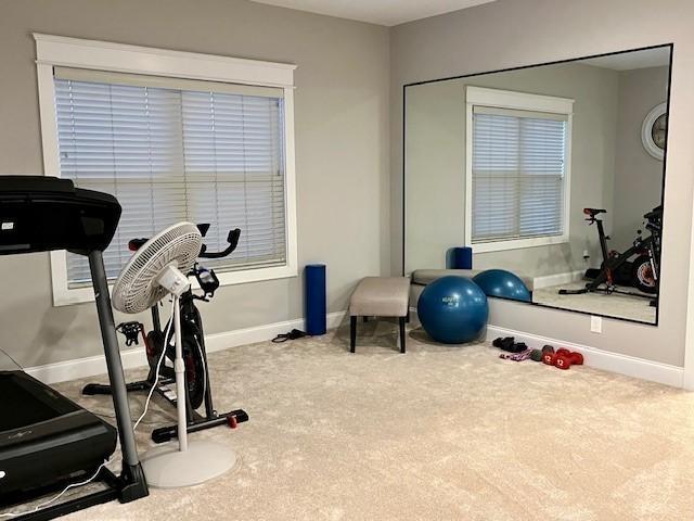 exercise area featuring baseboards and carpet flooring