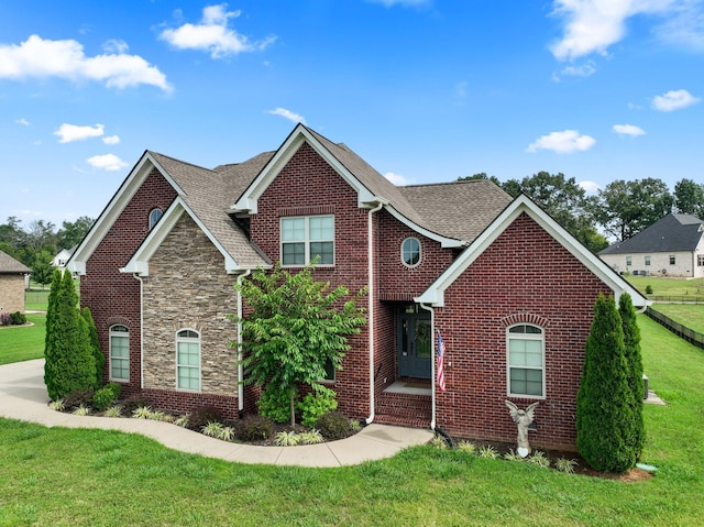 traditional home featuring a shingled roof, a front yard, stone siding, and brick siding