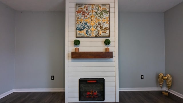 details featuring a large fireplace, baseboards, and wood finished floors