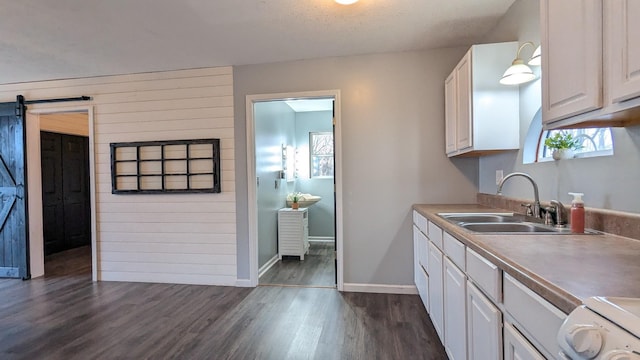 kitchen with a barn door, white cabinets, range, dark wood-type flooring, and a sink