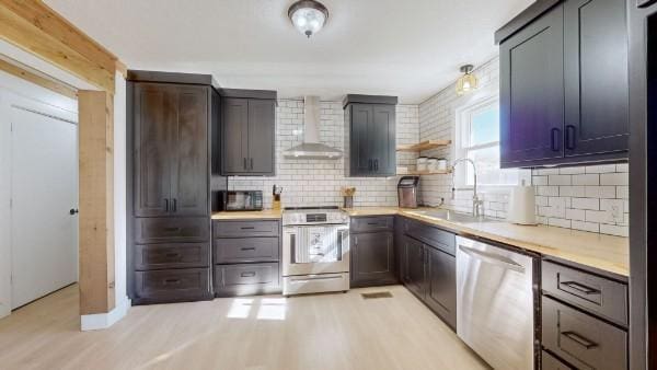 kitchen with decorative backsplash, stainless steel appliances, light countertops, wall chimney range hood, and a sink